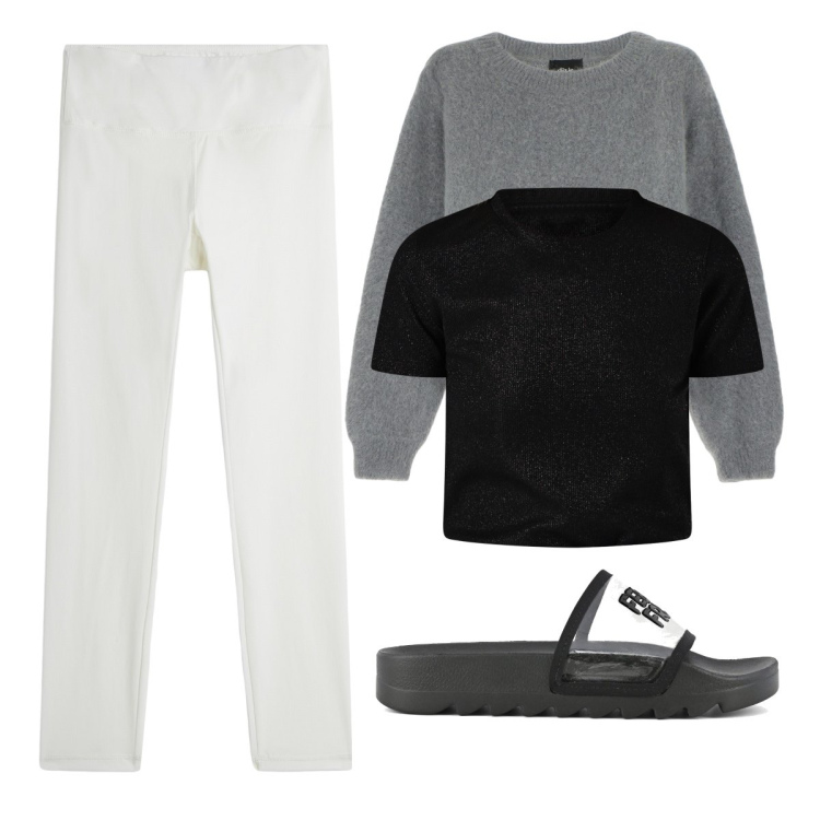 Outfit donna - Sul divano a creare outfit. Stile Basic per Tutti i giorni. Abbinamento con pullovers, magliette intime, leggings, ciabatte.