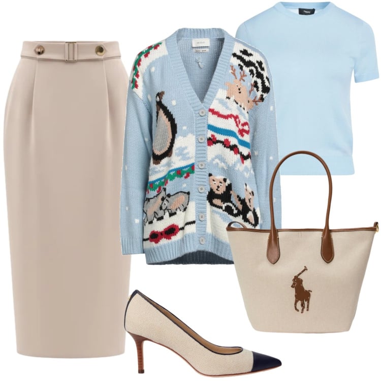 Outfit donna - Total look #2332708. Stile Chic per Ufficio. Abbinamento con pullovers, cardigans, gonne longuette, borse tote, décolleté.