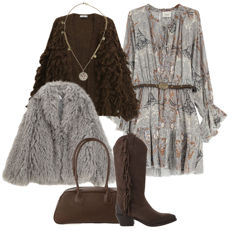 Outfit donna - Dettagli interscambiabili. Stile Boho per Tutti i giorni. Abbinamento con ecopellicce, vestiti corti, stivali, borse a mano, ciondoli, cardigans.