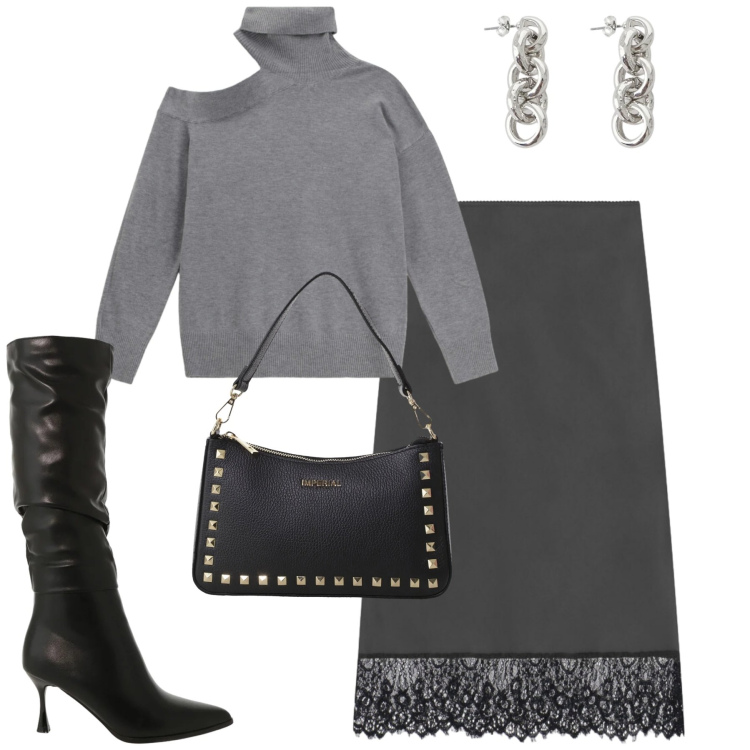 Outfit donna - Febbraio. Stile Urban per Tutti i giorni. Abbinamento con pochette, maglieria, stivali sopra il ginocchio, gonne longuette, orecchini.
