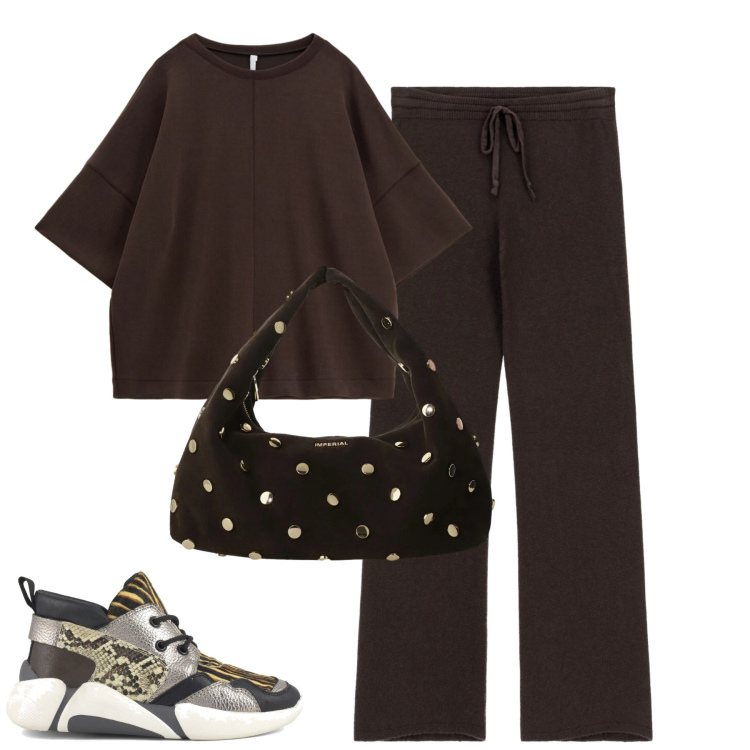 Outfit donna - Total look #2332719. Stile Casual per Tutti i giorni. Abbinamento con pantaloni a palazzo, borse a spalla, felpe, sneakers alte.