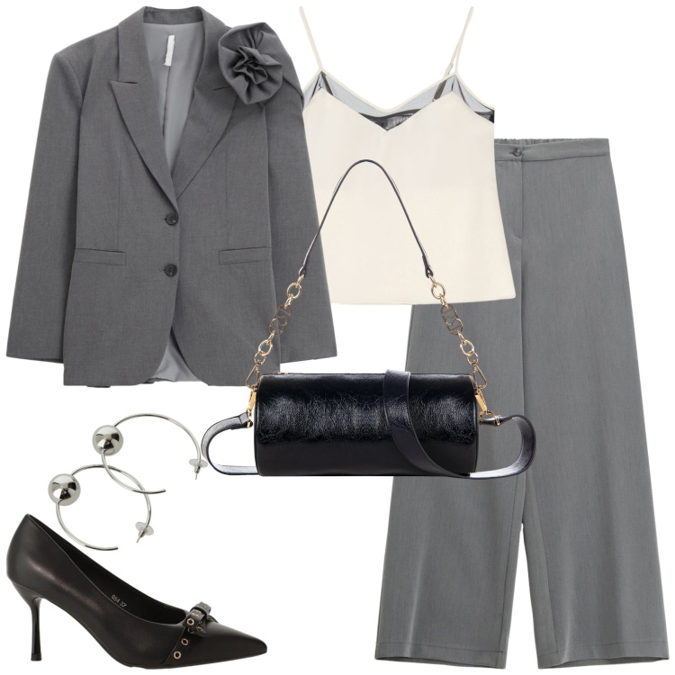 Outfit donna - Grey. Stile Chic per Tutti i giorni. Abbinamento con top, pantaloni a palazzo, blazer, décolleté, orecchini, borse a mano.