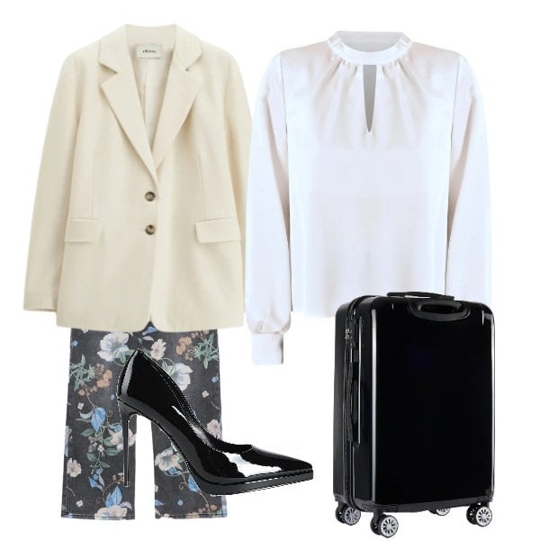 Outfit donna - Pronta per Parigi. Stile Bon Ton per Tutti i giorni. Abbinamento con décolleté, blazer, bluse, valigie, jeans.