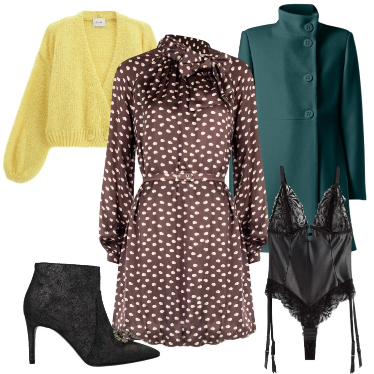 Outfit donna - Total look #2332724. Stile Chic per Tutti i giorni. Abbinamento con body, stivaletti, cardigans, cappotti, vestiti chemisier.