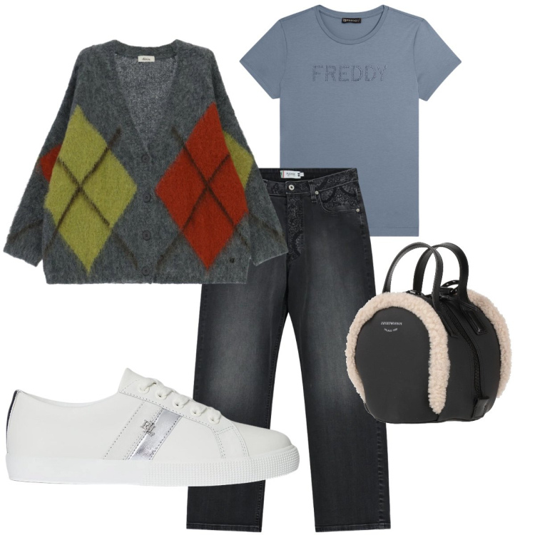 Outfit donna - Total look #2332725. Stile Casual per Tutti i giorni. Abbinamento con zaini, cardigans, t-shirt, jeans dritti, sneakers.