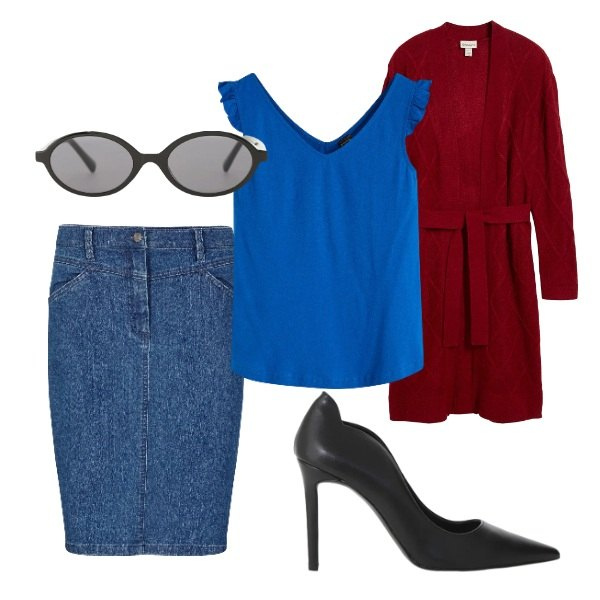 Outfit donna - San Valentino col cardigan rosso. Stile Romantica per Cerimonia. Abbinamento con gonne, top, cardigans, occhiali da sole, décolleté.