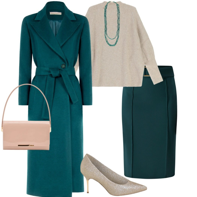 Outfit donna - San Valentino curvy. Stile Bon Ton per Serata fuori. Abbinamento con maglieria, cappotti, gonne, décolleté, pochette, collane.