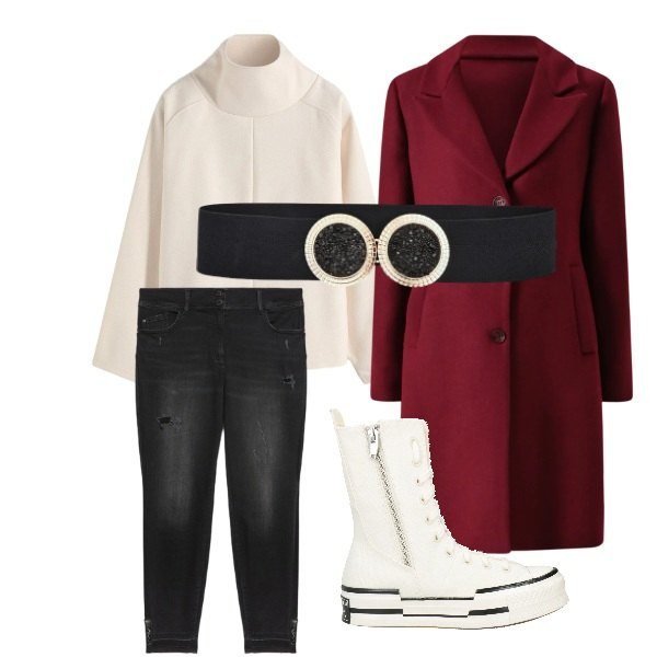 Outfit donna - cappotto rosso a febbraio. Stile Sporty chic per Tutti i giorni. Abbinamento con maglieria, stivaletti, cappotti, cinture, jeans strappati.