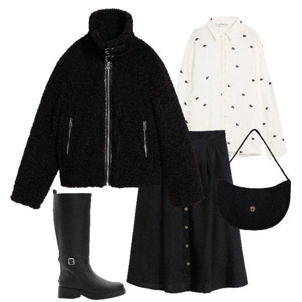 Outfit donna - B&W intramontabile. Stile Basic per Tutti i giorni. Abbinamento con gonne longuette, ecopellicce, camicie, stivali, borse a mano.