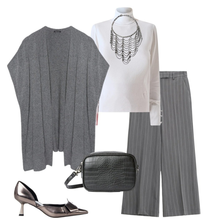 Outfit donna - San Valentino curvy. Stile Casual chic per Serata fuori. Abbinamento con pantaloni a palazzo, collane, maglieria, décolleté, gilet, borse a tracolla.