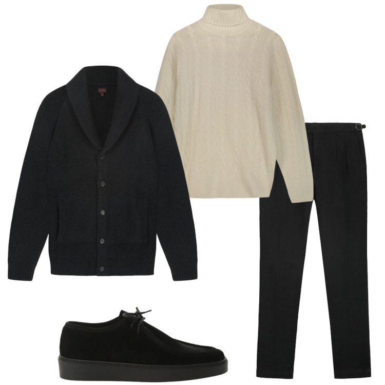 Outfit uomo - Febbraio in maglia. Stile Urban per Tutti i giorni. Abbinamento con scarpe stringate, cardigans, maglieria, pantaloni.