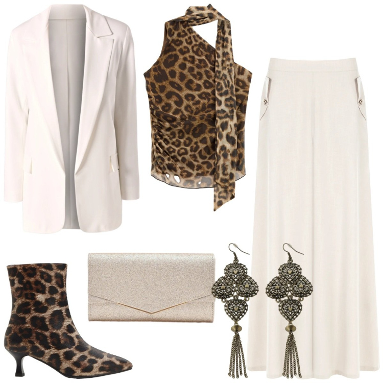 Outfit donna - Total look #2332754. Stile Chic per Tutti i giorni. Abbinamento con stivaletti, top, orecchini, gonne lunghe, blazer, clutch.