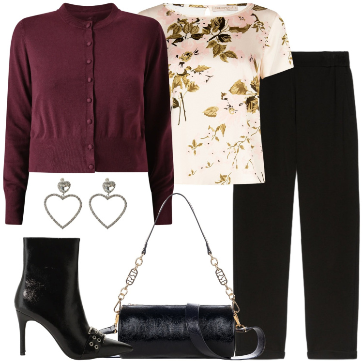 Outfit donna - Fiori e cuori. Stile Casual chic per Serata fuori. Abbinamento con stivaletti, orecchini, bluse, borse a mano, cardigans, pantaloni.