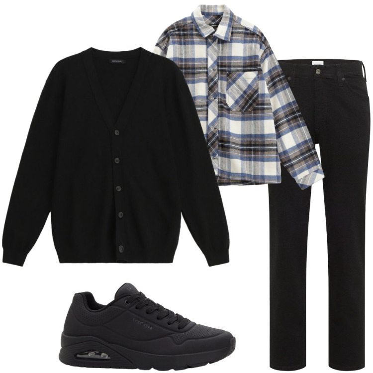 Outfit uomo - Look da rientro. Stile Casual per Ufficio. Abbinamento con sneakers, jeans dritti, camicie, cardigans.