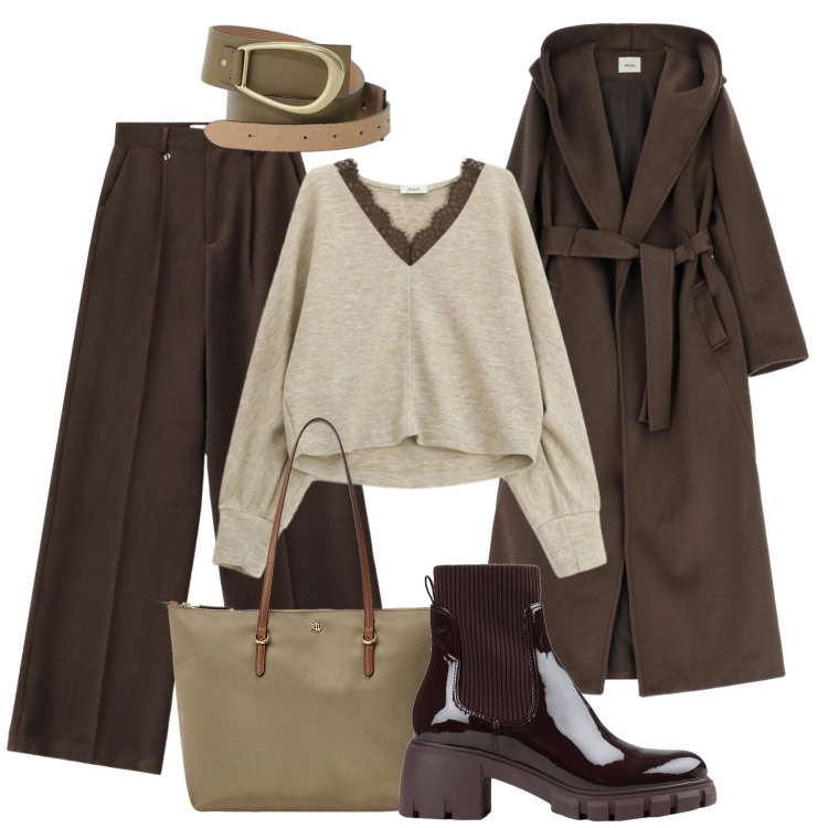 Outfit donna - Tonalità calde. Stile Casual chic per Tutti i giorni. Abbinamento con stivaletti, pantaloni, cinture, cappotti, pullovers, borse tote.