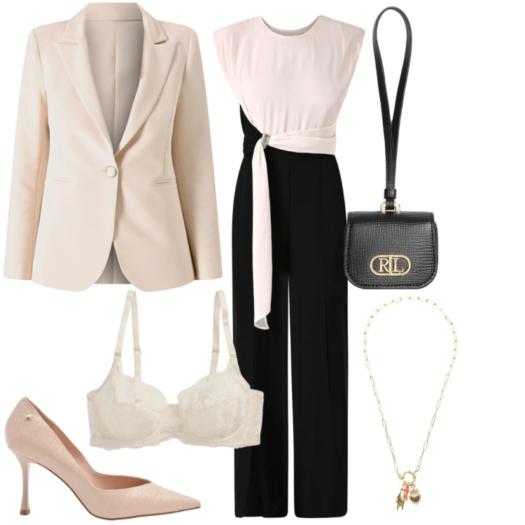 Outfit donna - Total look #2332766. Stile Casual per Tutti i giorni. Abbinamento con tute, blazer, décolleté, ciondoli, reggiseni, pochette.
