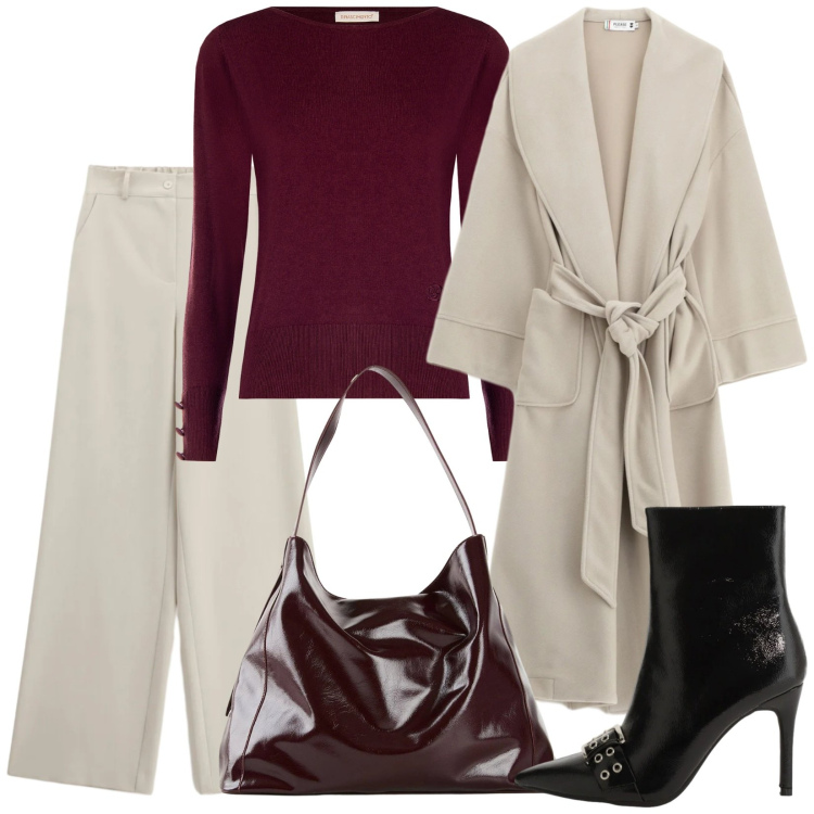 Outfit donna - Total look #2332768. Stile Casual chic per Tutti i giorni. Abbinamento con shopping bag, stivaletti, pantaloni a palazzo, pullovers, cappotti.