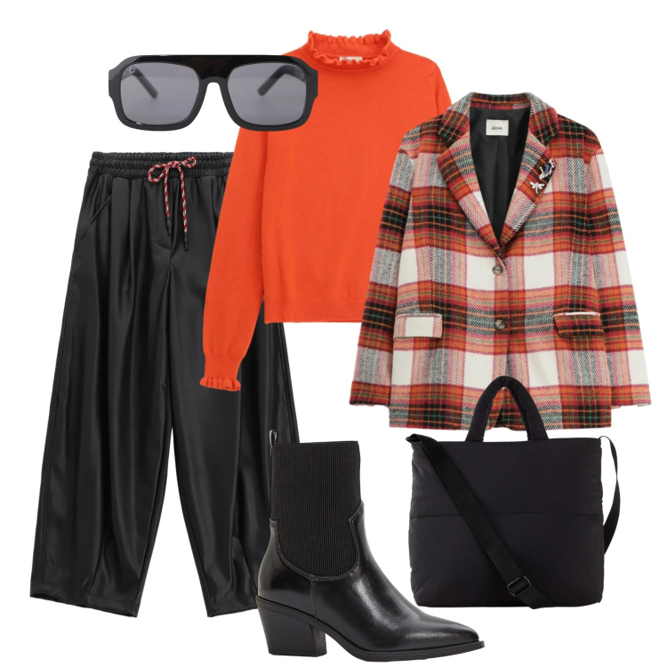 Outfit donna - Total look rilassato. Stile Urban per Tutti i giorni. Abbinamento con shopping bag, stivaletti texani, occhiali da sole, blazer, pantaloni a palazzo, maglieria.