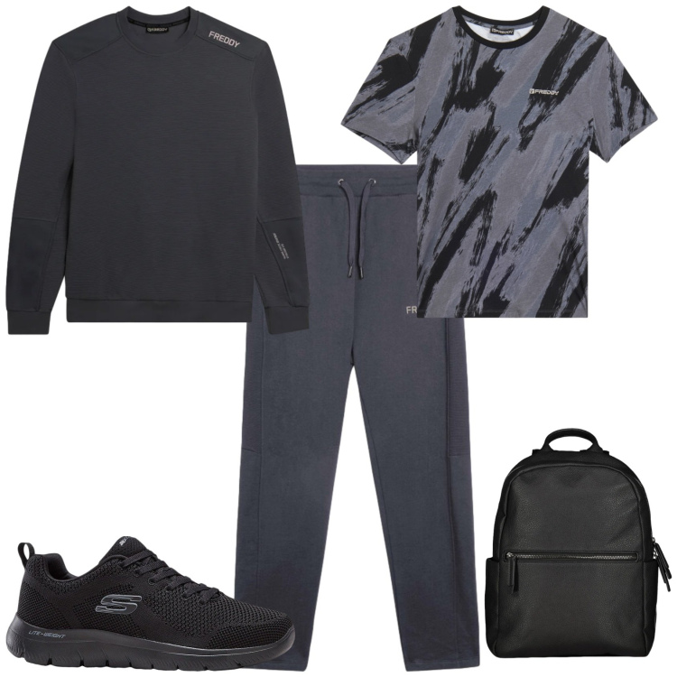 Outfit uomo - Sporty ogni giorno. Stile Casual per Sport. Abbinamento con sneakers, pantaloni, felpe, t-shirt, borse sportive.