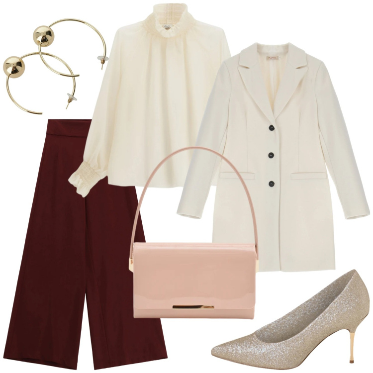 Outfit donna - Total look #2332775. Stile Chic per Serata fuori. Abbinamento con camicie, orecchini, décolleté, pochette, cappotti, pantaloni a palazzo.