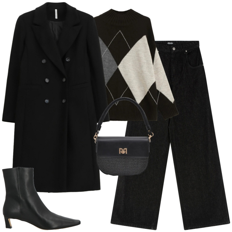 Outfit donna - City. Stile Casual chic per Tutti i giorni. Abbinamento con stivaletti, cappotti, pullovers, pantaloni a palazzo, borse a spalla.