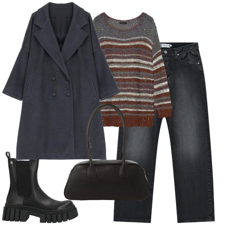 Outfit donna - City. Stile Casual chic per Tutti i giorni. Abbinamento con stivaletti, cappotti, borse a mano, jeans dritti, maglieria.