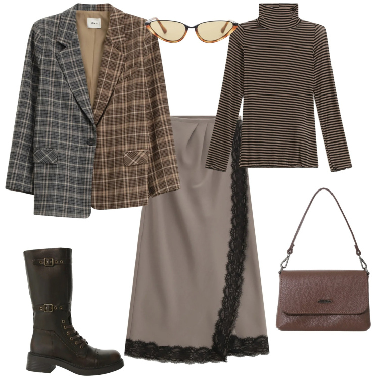 Outfit donna - Casual chic ogni giorno. Stile Casual chic per Tutti i giorni. Abbinamento con occhiali da sole, stivali, borse a tracolla, gonne lunghe, blazer, t-shirt.