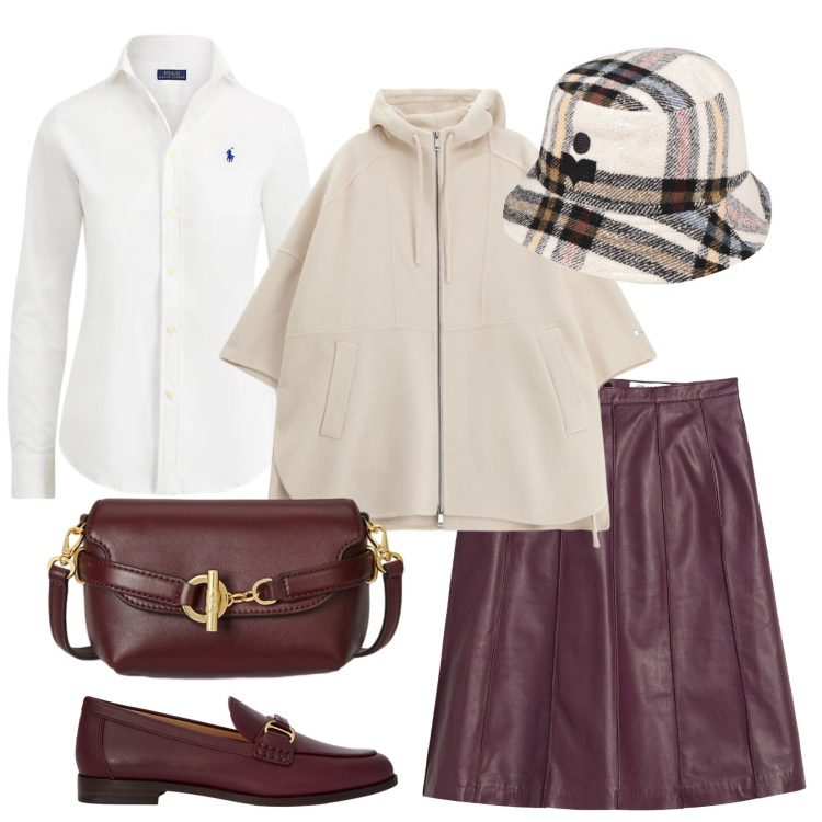 Outfit donna - Burgundy. Stile Preppy per Tutti i giorni. Abbinamento con gonne, cappelli, cappotti, mocassini, borse a tracolla, camicie.