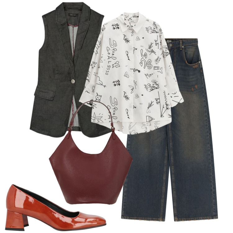 Outfit donna - Focus curvy style. Stile Casual chic per Tutti i giorni. Abbinamento con décolleté, borse a spalla, jeans, camicie, gilet.