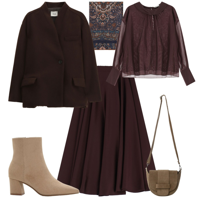 Outfit donna - Vintage retro ufficio week end. Stile Vintage retrò per Tutti i giorni. Abbinamento con stivaletti, gonne longuette, foulard, borse a tracolla, blazer, camicie.