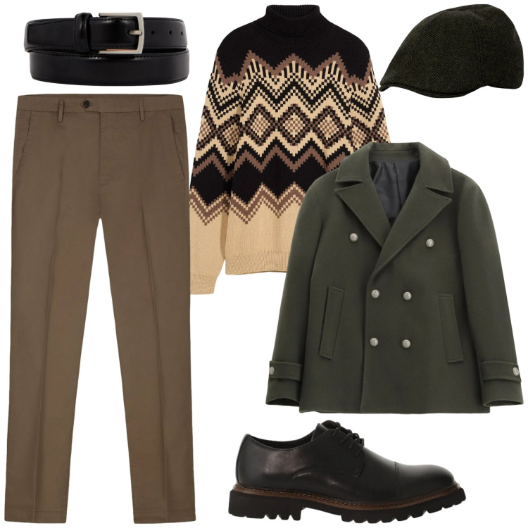 Outfit uomo - Febbraio in maglia. Stile Urban per Tutti i giorni. Abbinamento con maglieria, cappotti, scarpe stringate, pantaloni, cinture, cappelli con visiera.