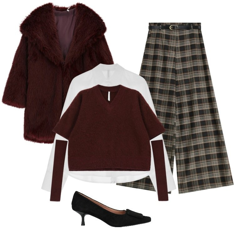 Outfit donna - Total look #2332809. Stile Trendy per Serata fuori. Abbinamento con décolleté, ecopellicce, camicie, pantaloni a palazzo, maglieria.