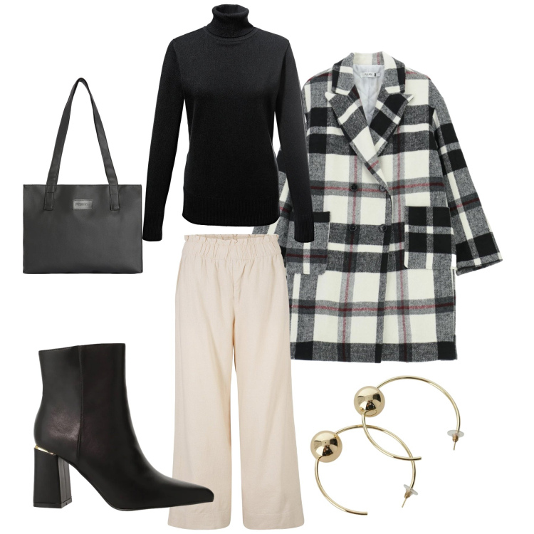 Outfit donna - Urban Plaid Elegance. Stile Urban per Tutti i giorni. Abbinamento con maglieria, pantaloni culotte, stivaletti, orecchini, cappotti, shopping bag.