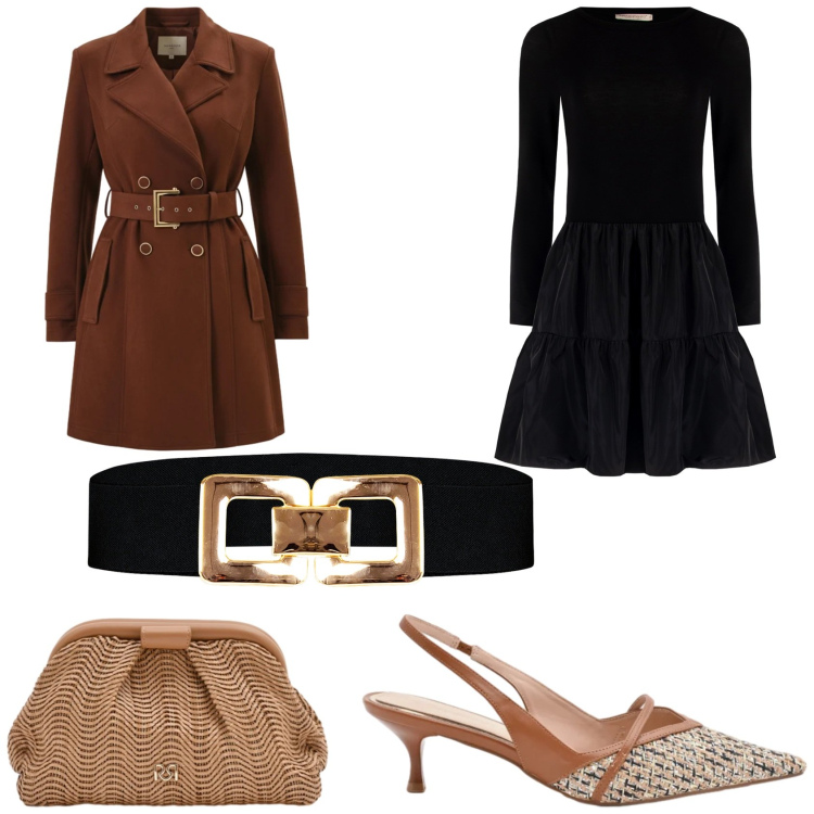 Outfit donna - Glamour Rinascimento. Stile Chic per Serata fuori. Abbinamento con vestiti corti, trench, décolleté, cinture, pochette.