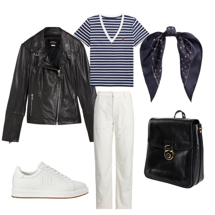 Outfit donna - Nautical Urban. Stile Preppy per Tutti i giorni. Abbinamento con blazer, zaini, sneakers, pantaloni, foulard, t-shirt.