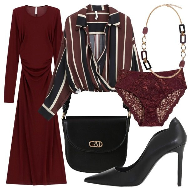 Outfit donna - Desiderio in lungo. Stile Romantica per Serata fuori. Abbinamento con culotte, camicie, vestiti lunghi, décolleté, borse a mano, collane.