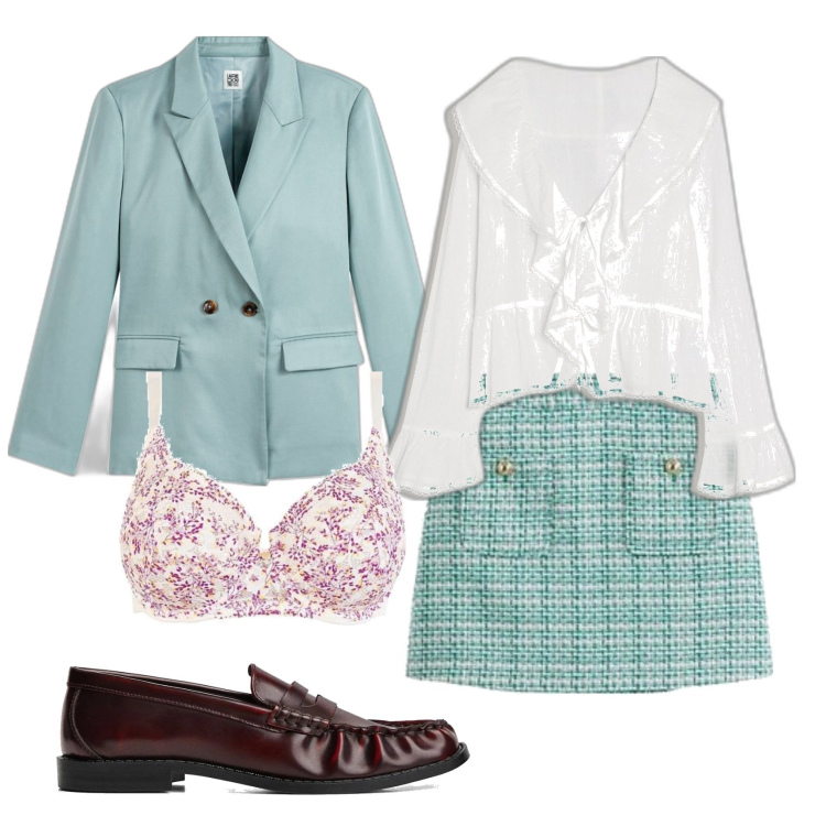 Outfit mujer - Preppy #124. Estilo Preppy para Escuela/Universidad. Combinación con minifaldas, sujetadores, mocasines, blazers, blusas.