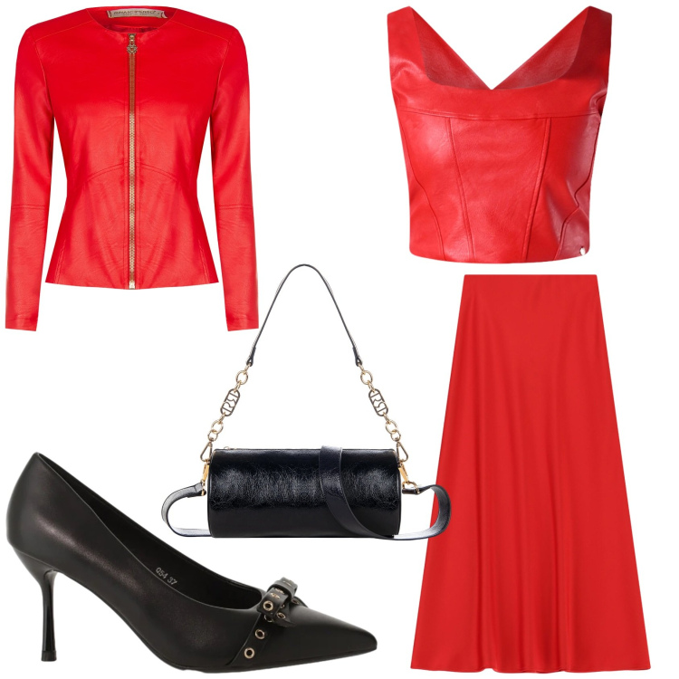 Outfit donna - Febbraio romantico. Stile Glamour per Serata fuori. Abbinamento con gonne lunghe, décolleté, giacche, top, borse a mano.