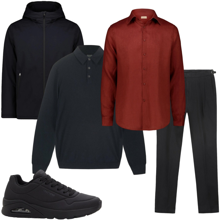 Outfit uomo - In ufficio. Stile Trendy per Ufficio. Abbinamento con sneakers, camicie, parka, maglieria, pantaloni.