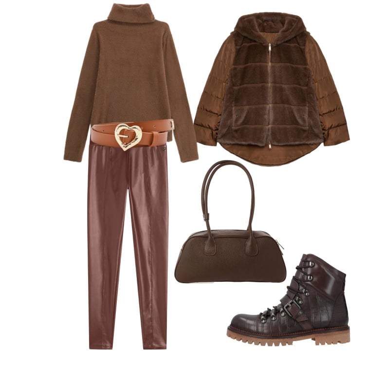 Outfit donna - Chocolate Glam. Stile Glamour per Tutti i giorni. Abbinamento con anfibi, borse a mano, cinture, maglieria, treggings, ecopellicce.