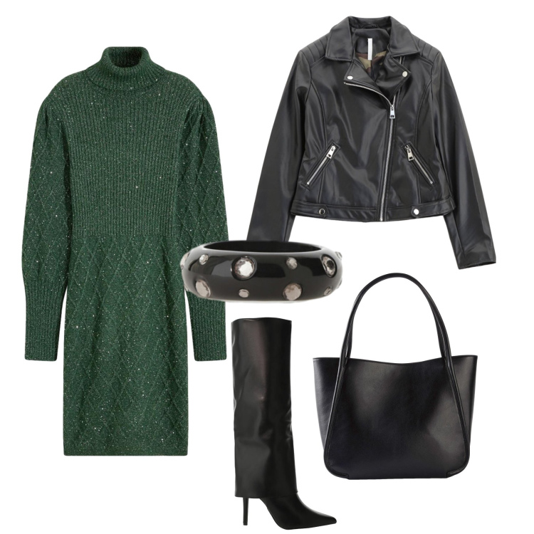 Outfit donna - Aperitivo total look. Stile Trendy per Tutti i giorni. Abbinamento con shopping bag, vestiti, blazer, stivali, anelli.