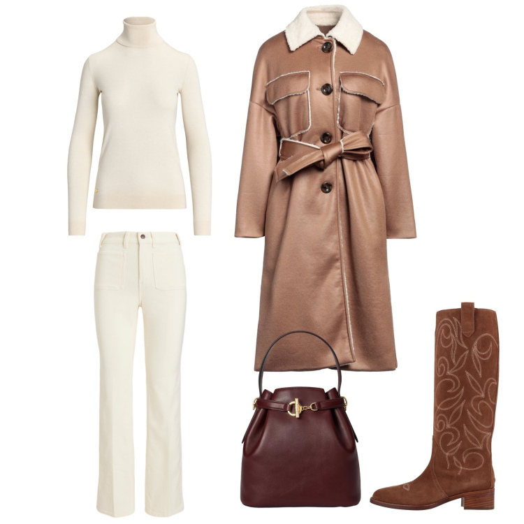 Outfit donna - Bordeaux & Suede. Stile Urban per Tutti i giorni. Abbinamento con cappotti, stivali, pantaloni, borse a secchiello, maglieria.