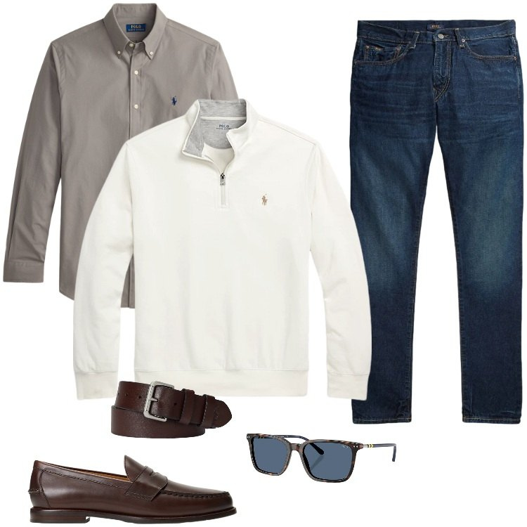 Outfit uomo - Total look #2332857. Stile Casual per Ufficio. Abbinamento con pullovers, cinture, occhiali da sole, scarpe stringate, camicie, jeans.