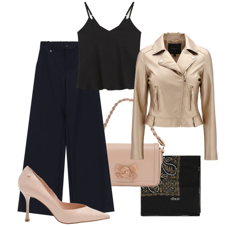 Outfit donna - Chiodo oro chic. Stile Glamour per Serata fuori. Abbinamento con top, foulard, pantaloni a palazzo, giacche, pochette, décolleté.