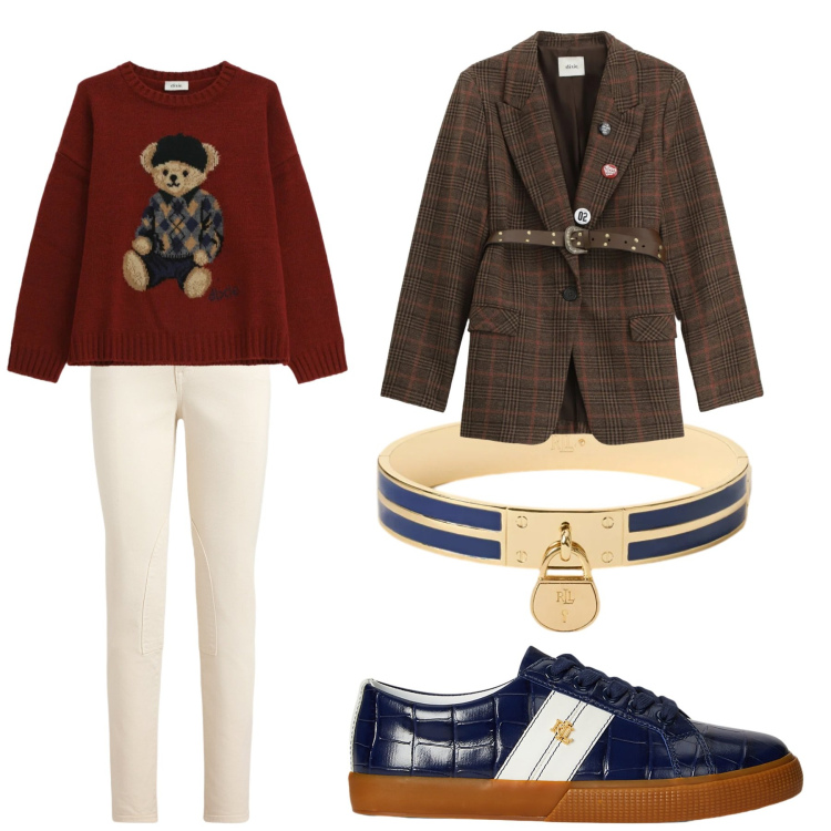 Outfit donna - Metà inverno. Stile Casual chic per Tutti i giorni. look ideale per Tall. Abbinamento con blazer, maglieria, sneakers, jeans skinny, braccialetti con ciondoli.