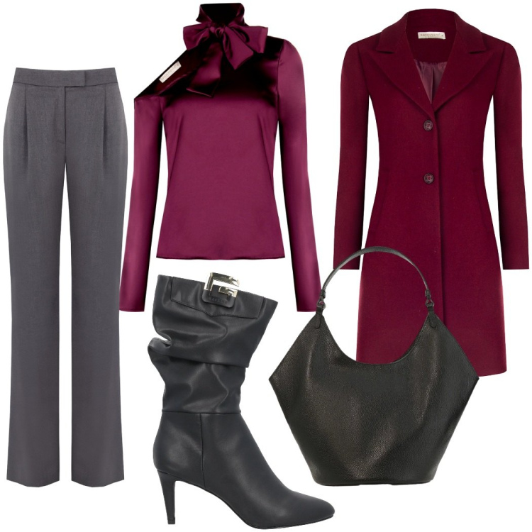 Outfit donna - Cena speciale. Stile Glamour per Serata fuori. Abbinamento con stivali, borse a spalla, bluse, pantaloni, cappotti.