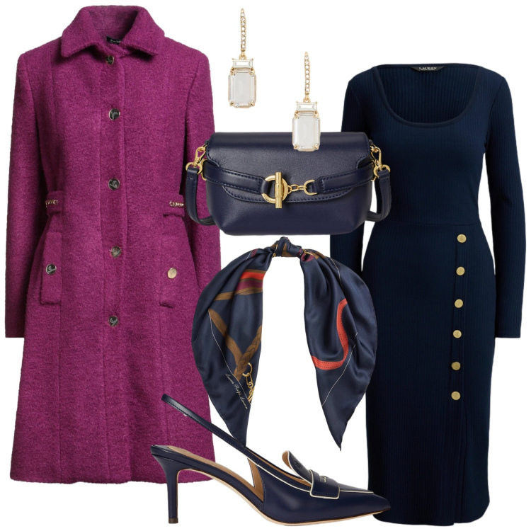 Outfit donna - Total look #2332865. Stile Chic per Cerimonia. Abbinamento con cappotti, borse a tracolla, vestiti a tubino, décolleté, orecchini, foulard.