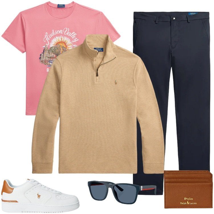 Outfit uomo - Total look #2332866. Stile Trendy per Tutti i giorni. Abbinamento con sneakers, portafogli, pullovers, t-shirt, occhiali da sole, pantaloni.