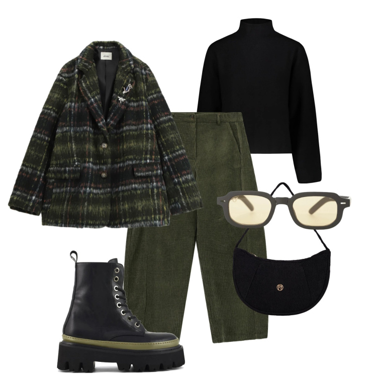 Outfit donna - Comfort per tutti i giorni. Stile Sporty chic per Tutti i giorni. Abbinamento con pantaloni a palazzo, occhiali da sole, blazer, borse a mano, anfibi, maglieria.