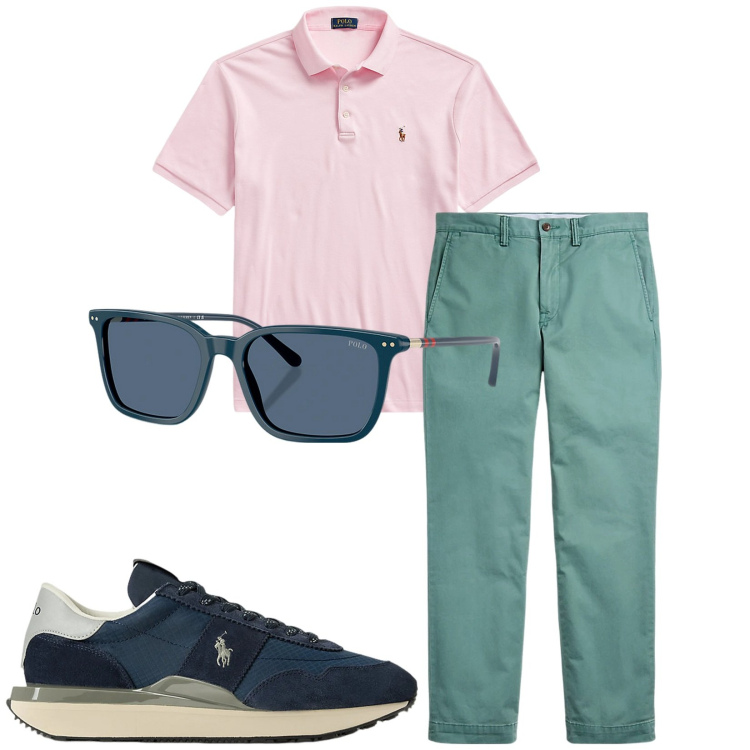 Outfit uomo - Total look #2332874. Stile Trendy per Tutti i giorni. Abbinamento con pantaloni, polo, sneakers, occhiali da sole.